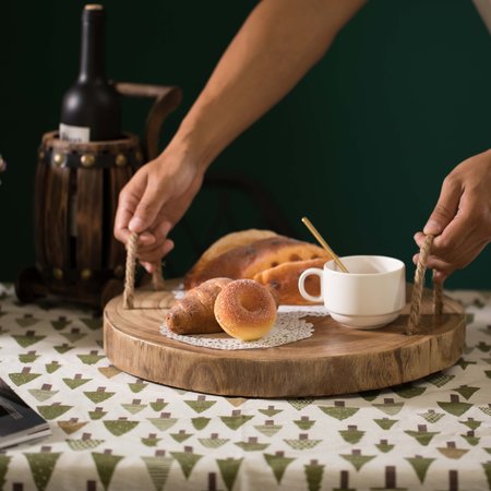 Vintiquewise Wood Round Tray Serving Platter Board with Rope Handles QI003838